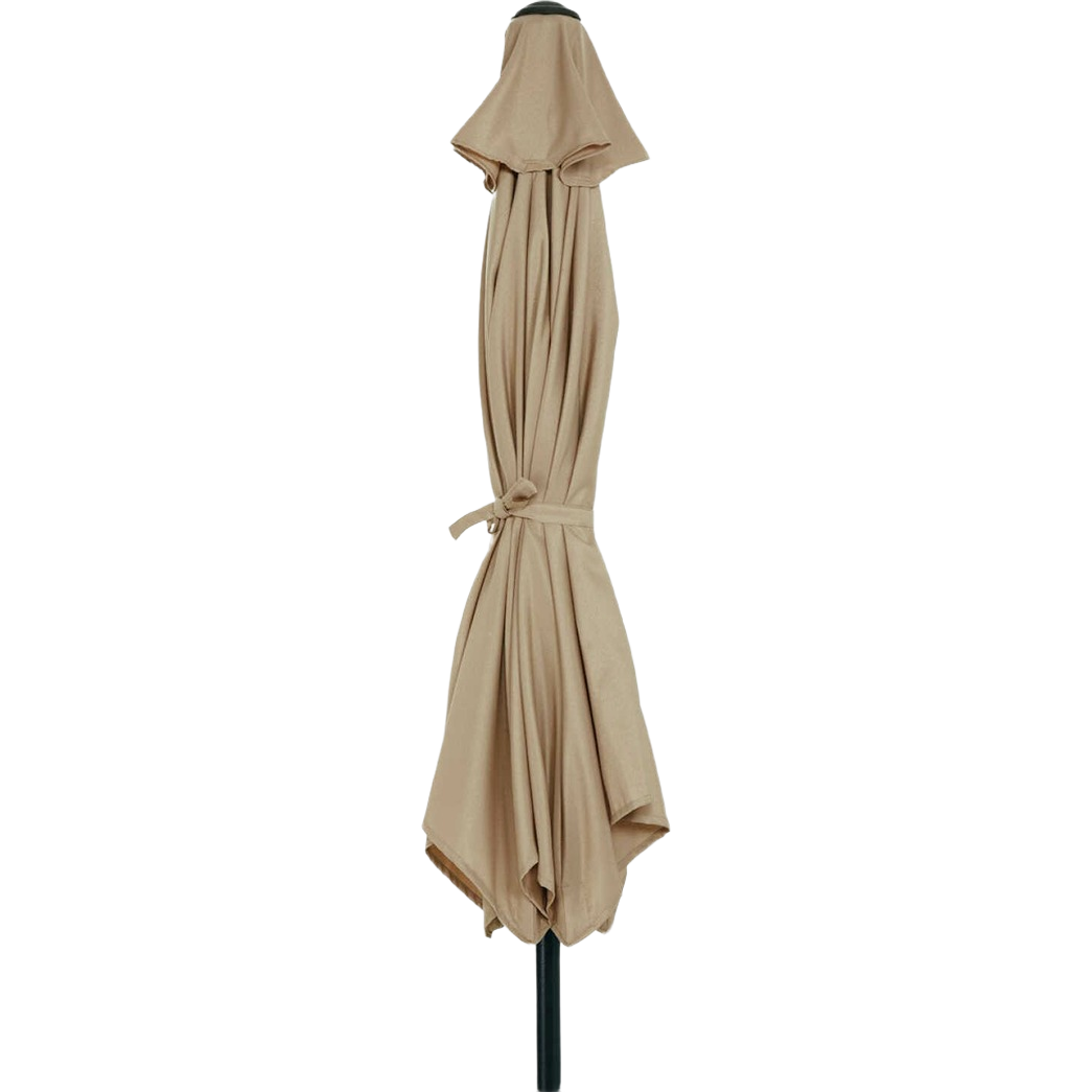 Tan outdoor aluminum patio umbrella with tilt and crank for backyard shade in Patio Furniture and Lawn & Garden collections