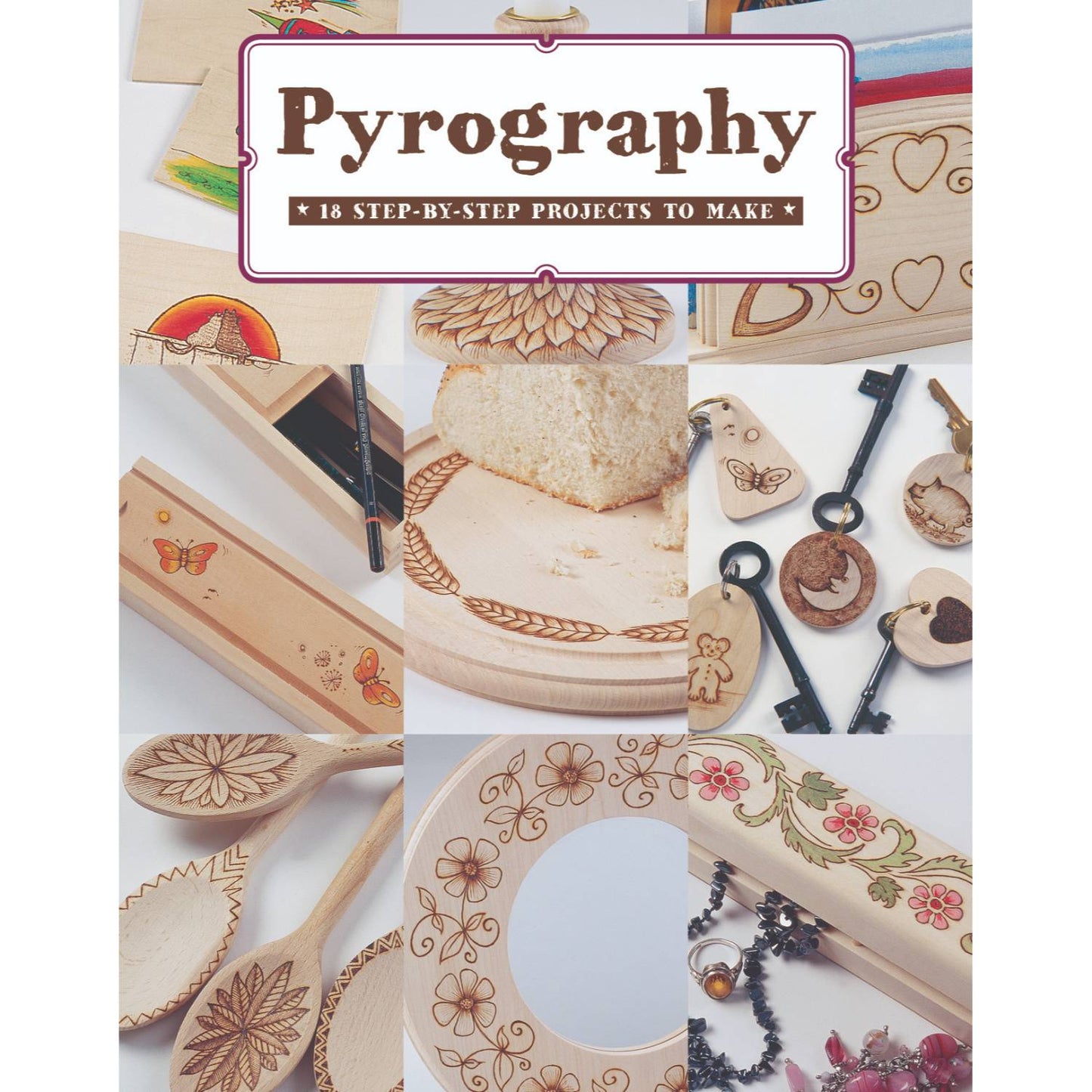 Collage of wooden items featuring detailed pyrography designs including spoons, keys, and decorative plaques for home improvement projects