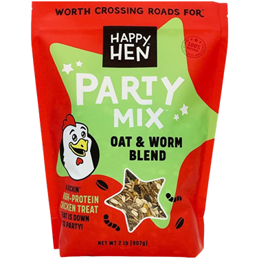 Red and green resealable bag of Happy Hen Oat & Worm blend chicken treat with cartoon hen illustration