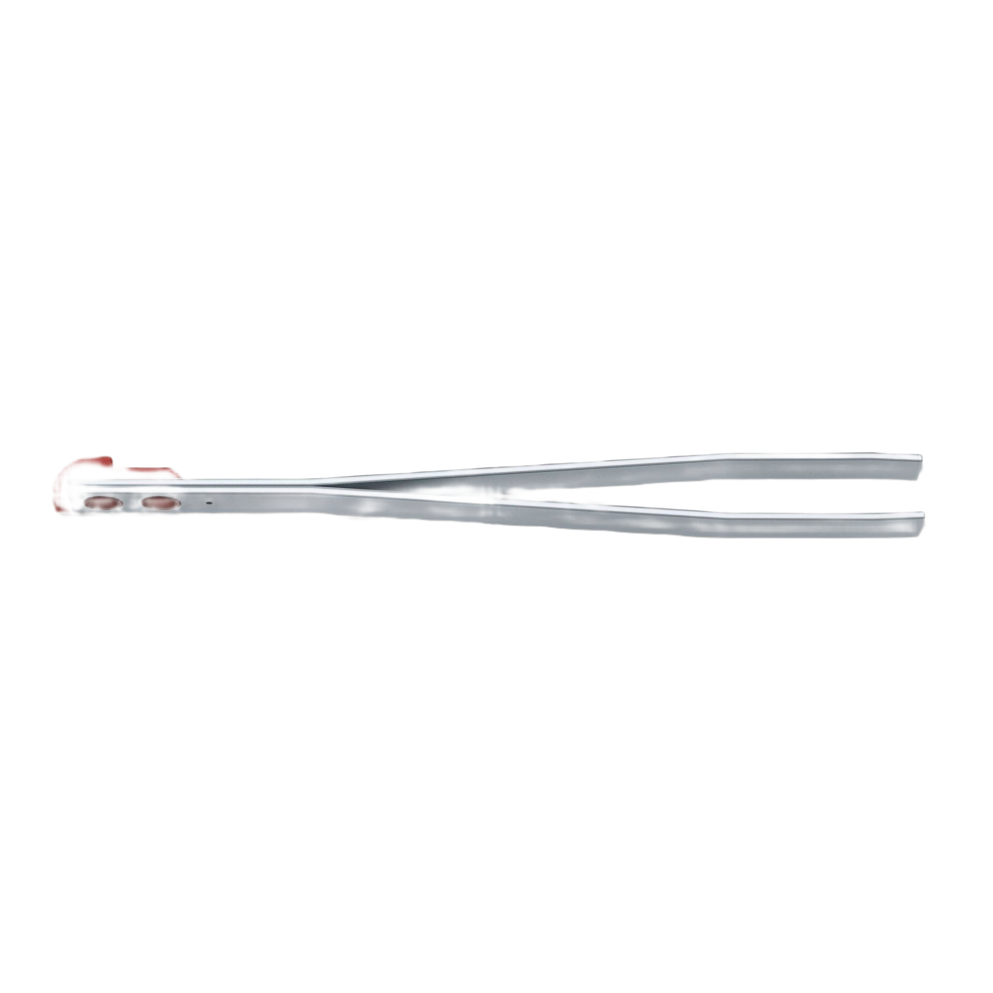 Red-handled small stainless steel tweezers designed for precision tasks in cutting and woodworking tools collections.