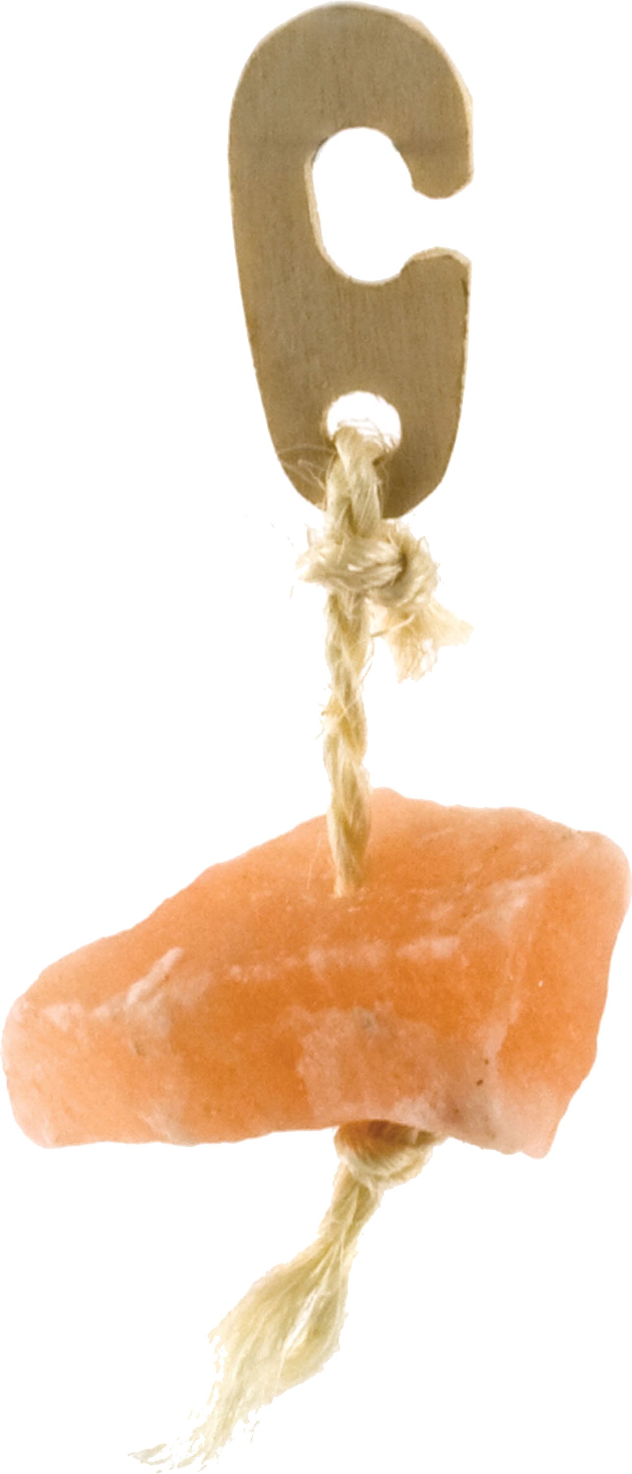 Natural pink Himalayan salt block suspended on rope with wooden hook for livestock and farm animal supplies