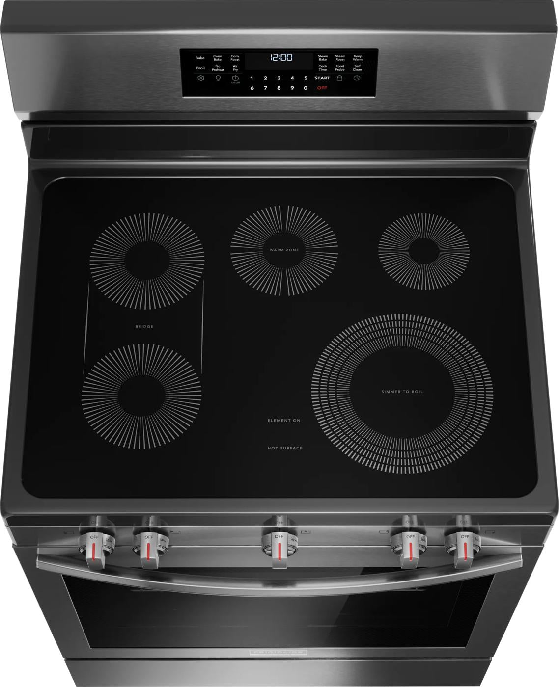 Electric range with sleek black ceramic cooktop, rear controls, and five radiant cooking elements from Ranges & Kitchenware collection