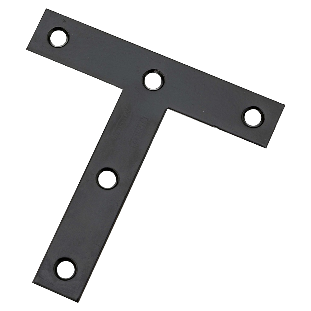 Black steel T-plate with countersunk holes for wood frame reinforcement in building hardware and mending plates collection