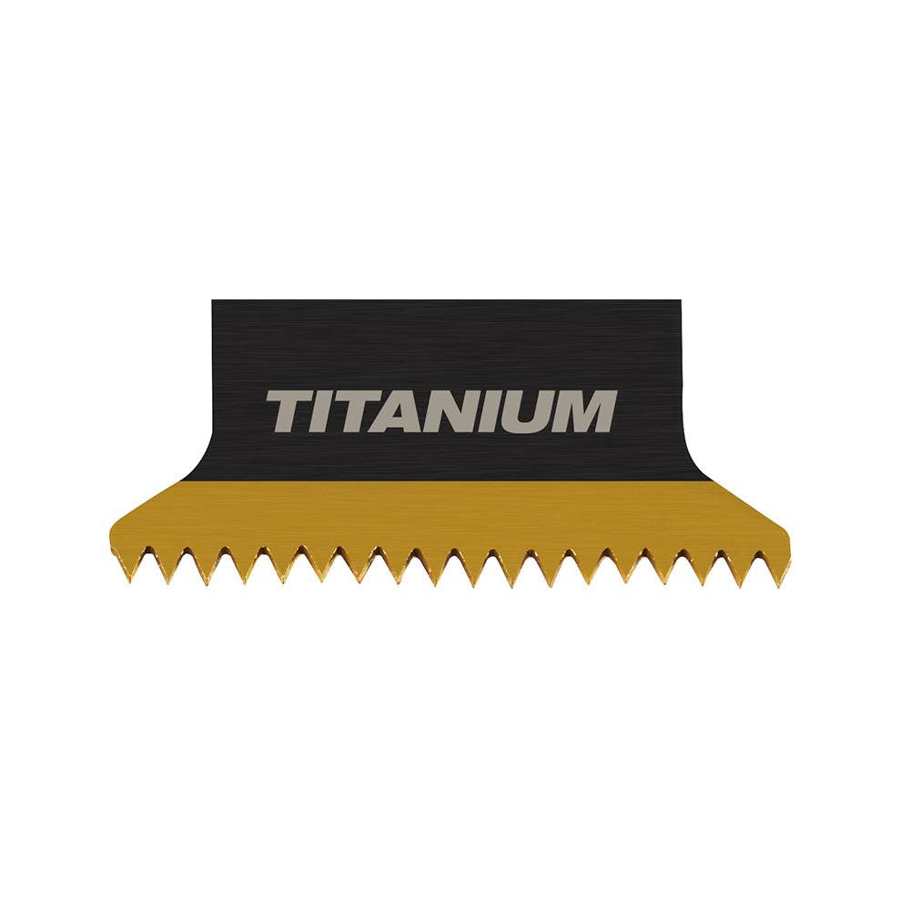 Bi-metal oscillating tool blade with titanium coating, designed for multi-material cutting in power tool accessories collection