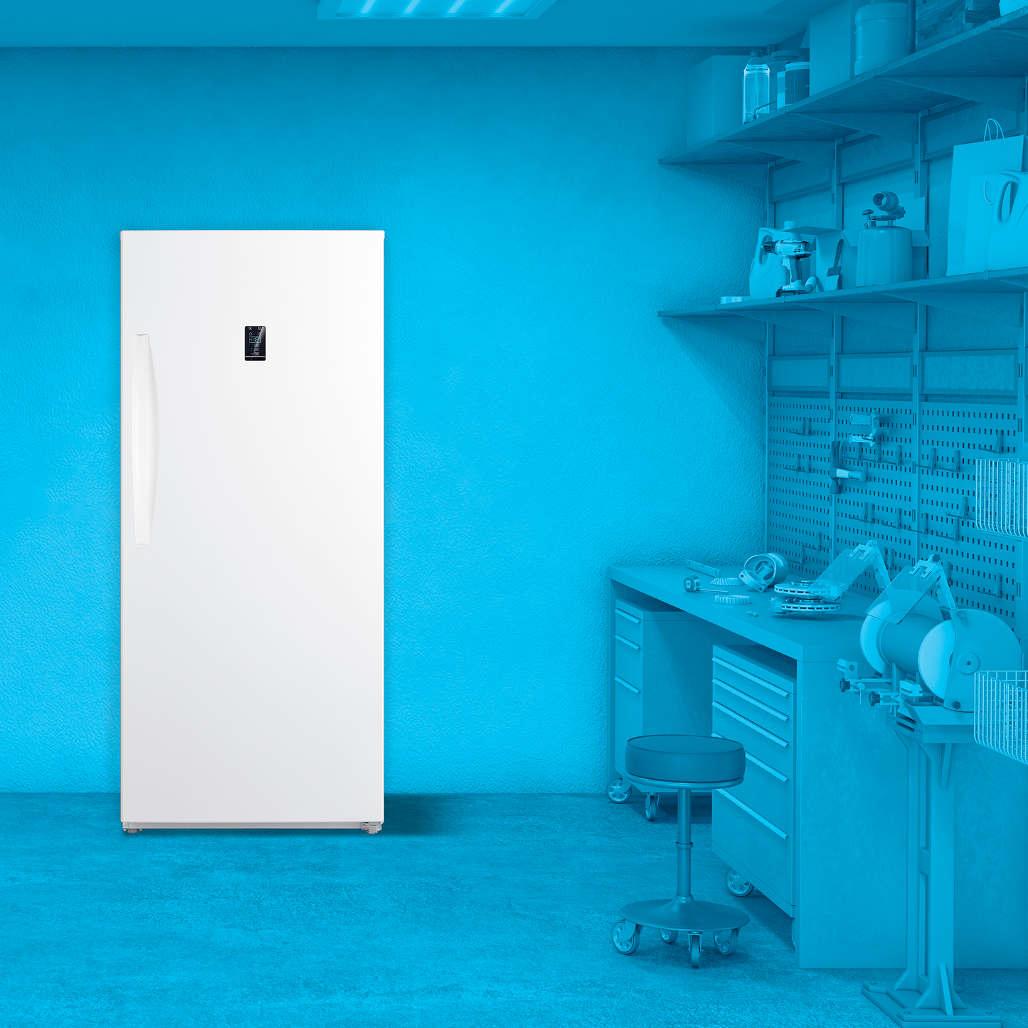 White upright convertible freezer with digital temperature display in Freezers & Ice Makers collection, kitchen appliances