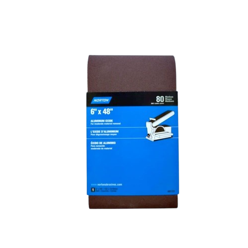 Brown abrasive sanding belt wrapped with blue label showing size and grit for tools and home improvement use