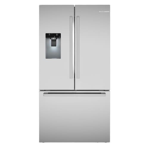 French door bottom mount refrigerator in stainless steel with built-in water dispenser, ideal for Bosch and Kitchen collections