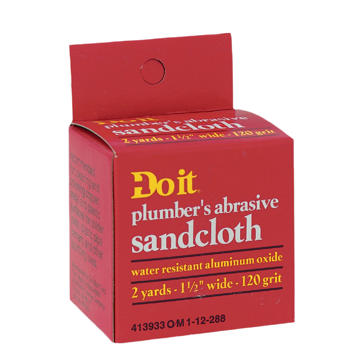 Red packaging of plumber’s abrasive sandcloth with aluminum oxide, suitable for plumbing and home improvement tasks under $50 category