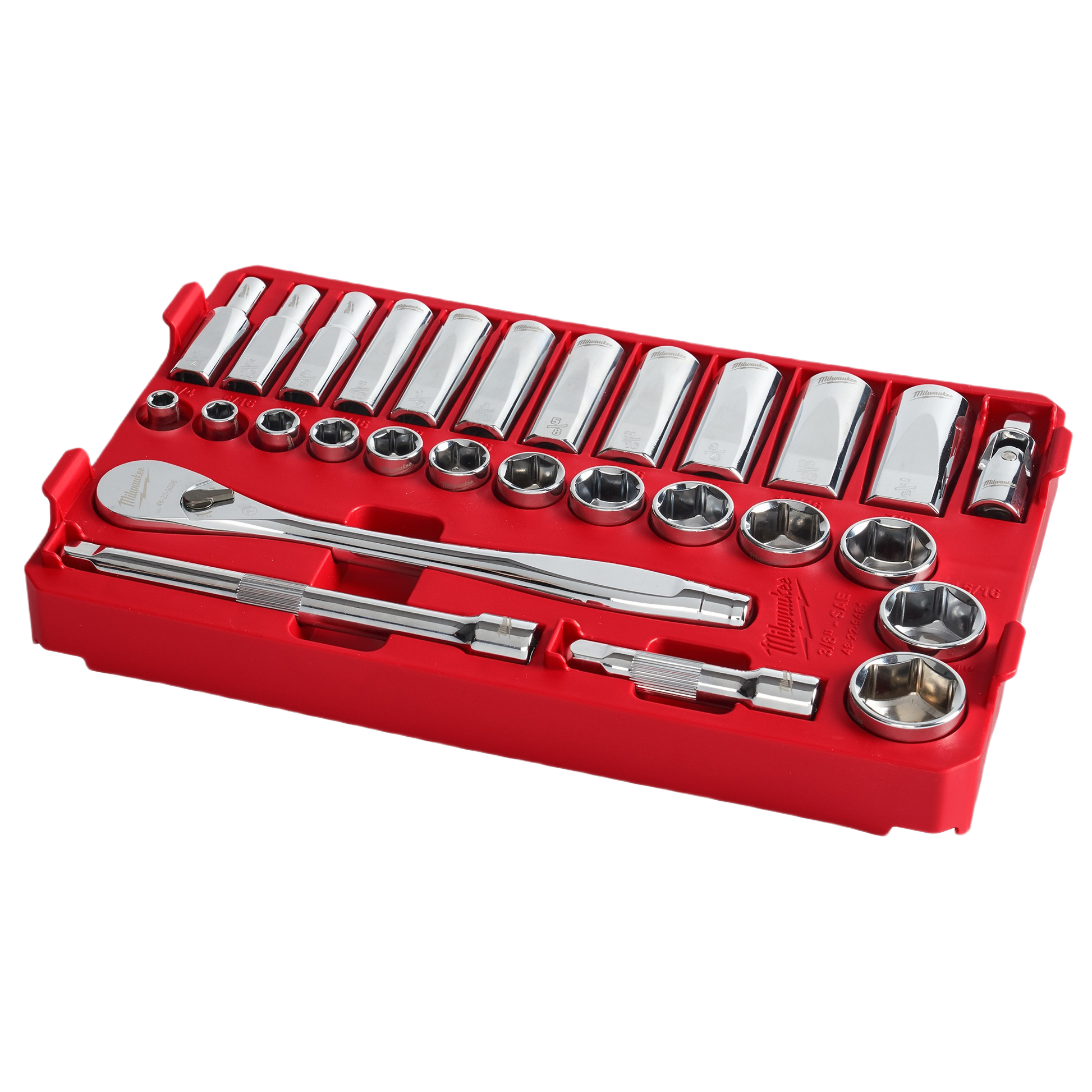 Red plastic organizer tray holding 28 polished chrome sockets, a ratchet, and several extensions for home improvement tasks