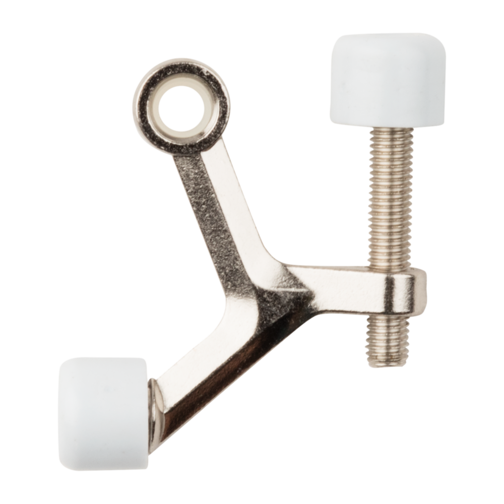 Satin nickel adjustable hinge pin door stop with white rubber tips for wall and door protection in door accessories collections