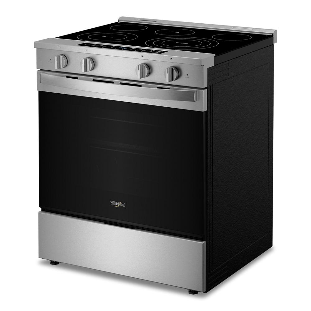 30-inch stainless steel slide-in electric range with four burner elements and smooth glass cooktop in ranges collection