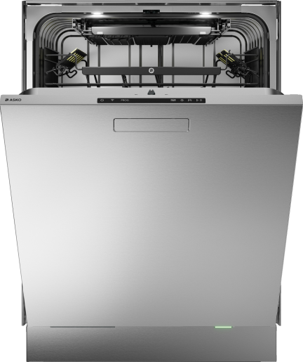 Stainless steel dishwasher with open door showing interior racks and illuminated status light in kitchen appliances collection