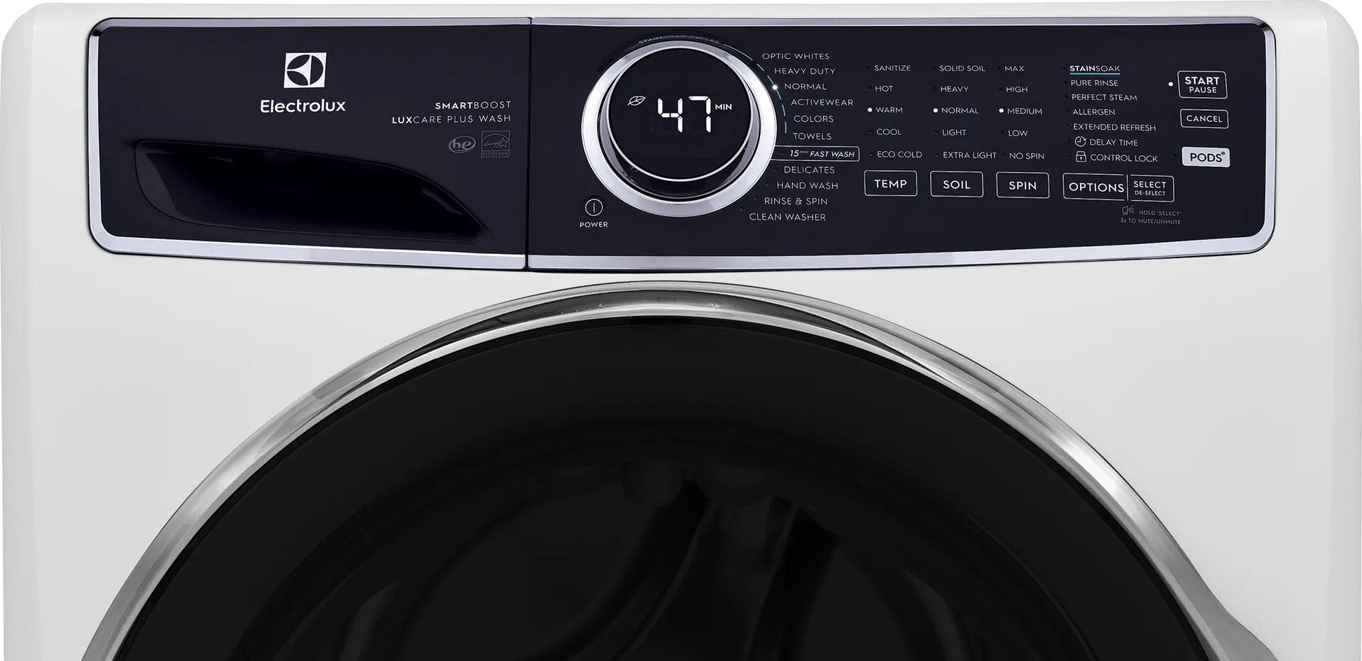 White front load washer with digital display and control panel, part of front load washers and appliances collection