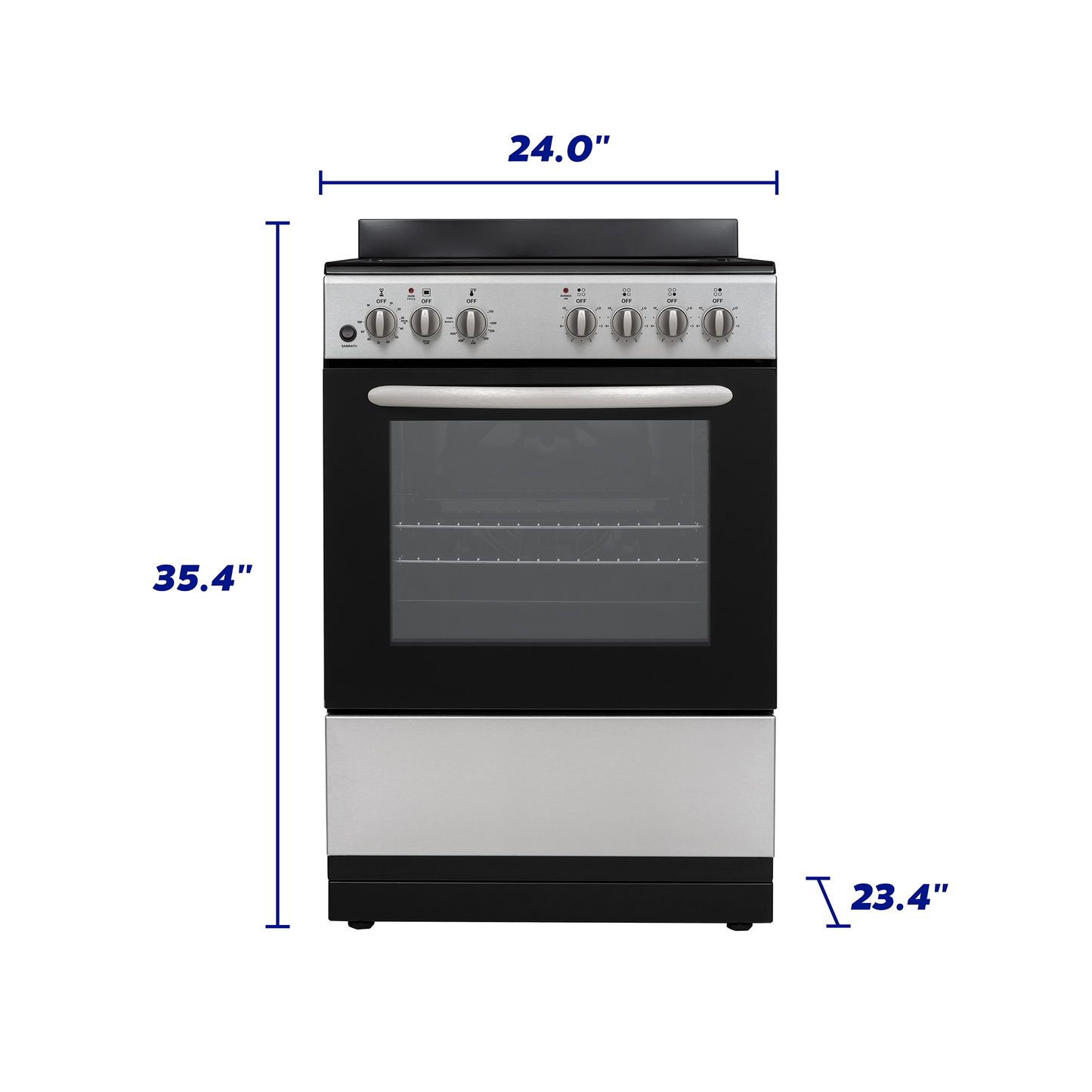 Front view of a compact stainless steel and black electric range with control knobs and glass oven door in kitchen appliance collection