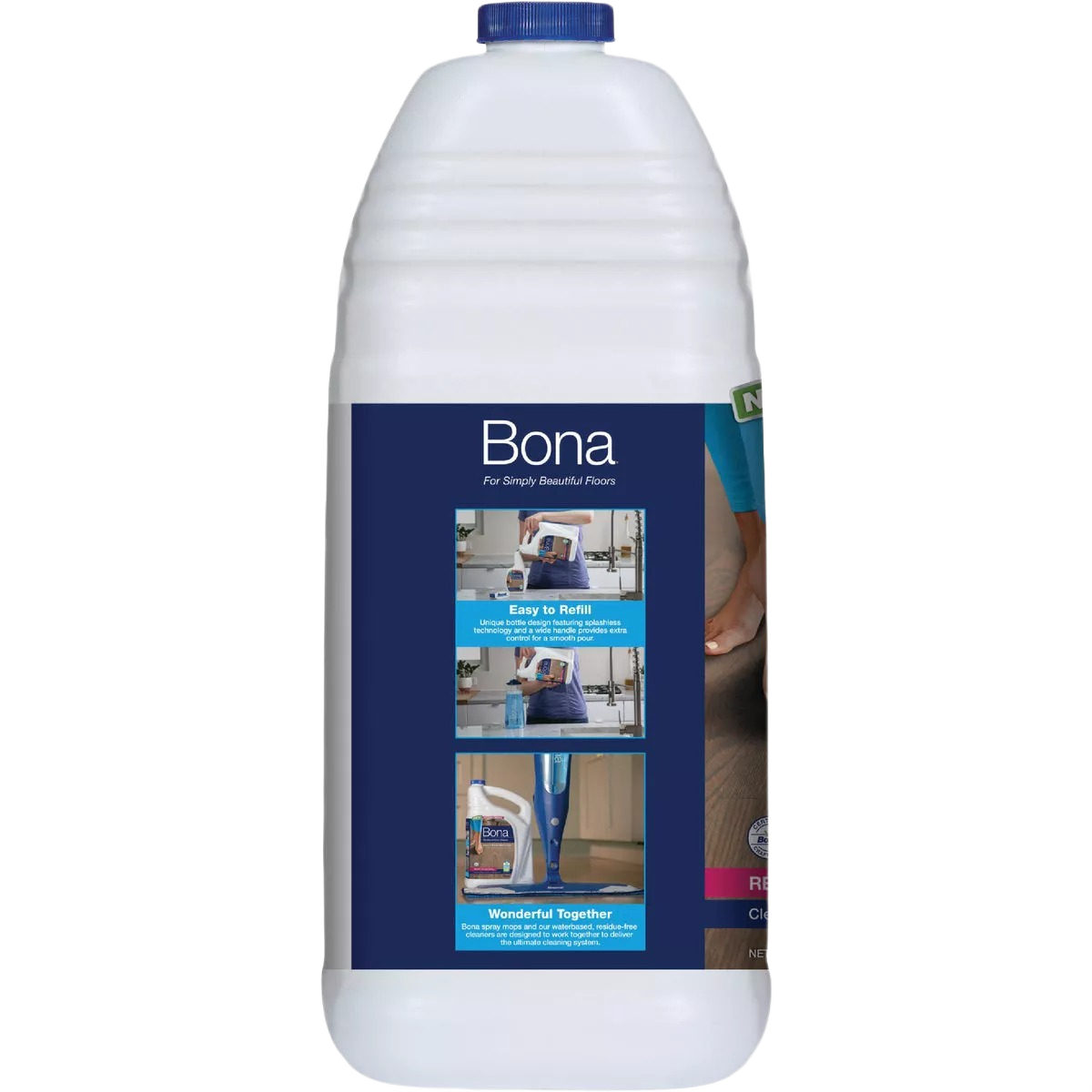 White plastic refill bottle with blue cap and label showing cleaning and usage instructions for hardwood floors