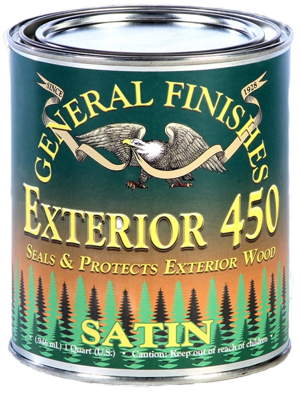 Can of General Finishes Exterior 450 clear satin varnish for durable outdoor wood protection and sealing