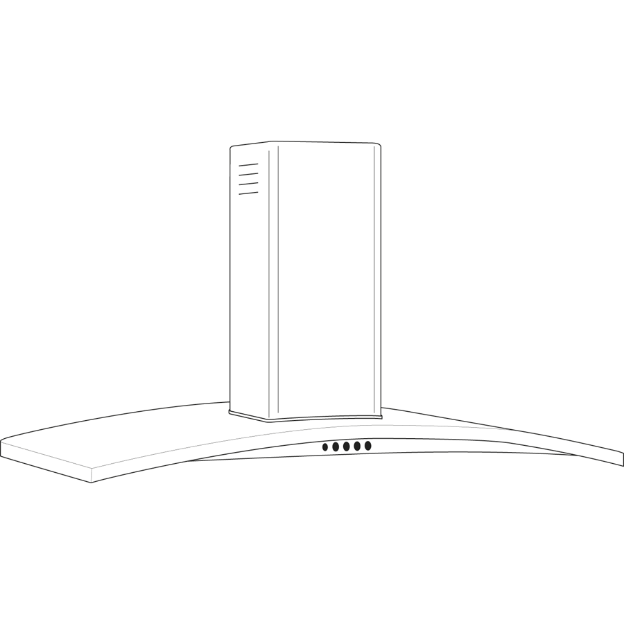 Outline drawing of a wall-mounted chimney hood with curved canopy and control buttons, part of kitchen appliance collection.