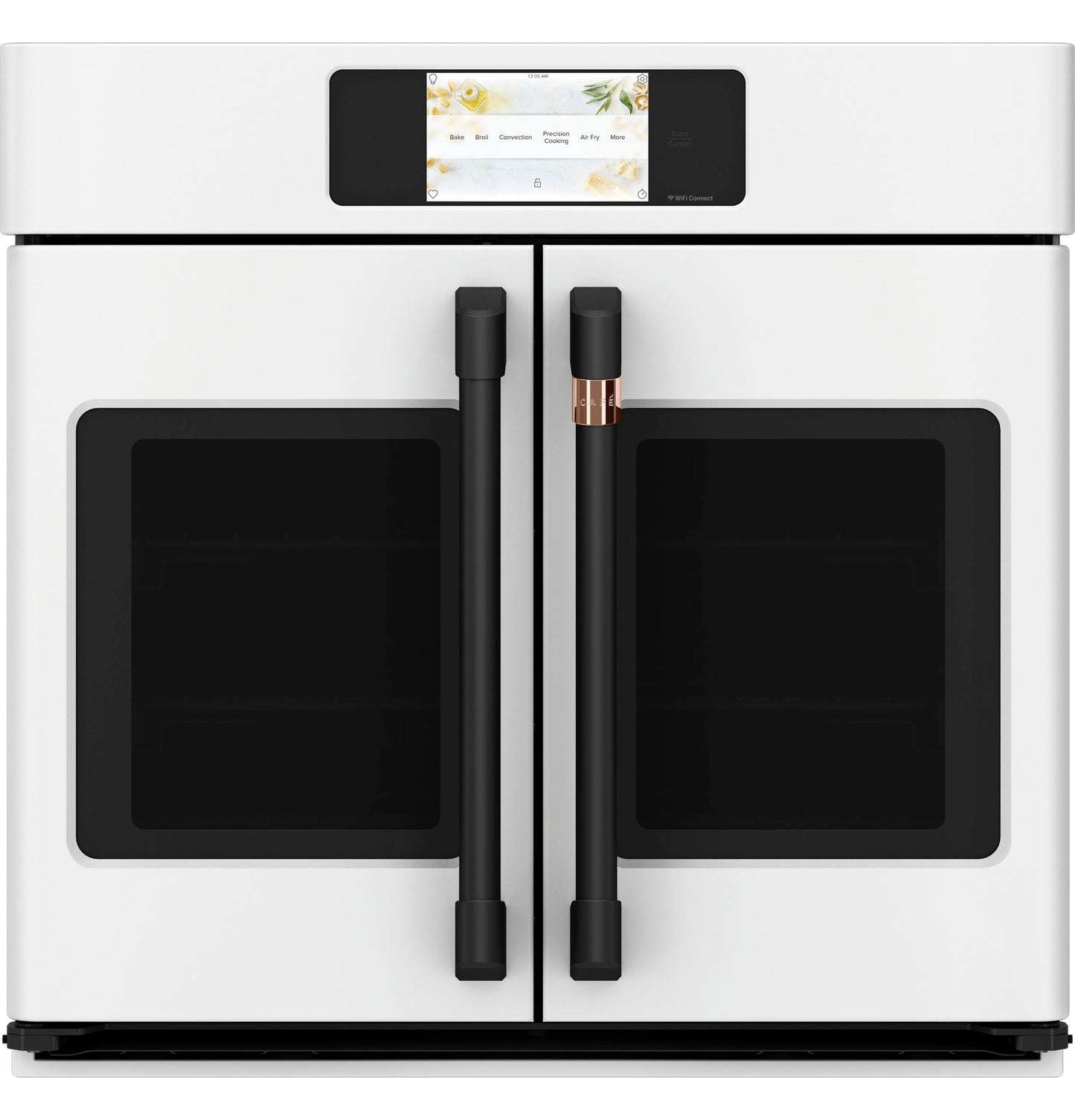 White smart built-in convection single wall oven with French doors, black handles, and a digital touchscreen control panel