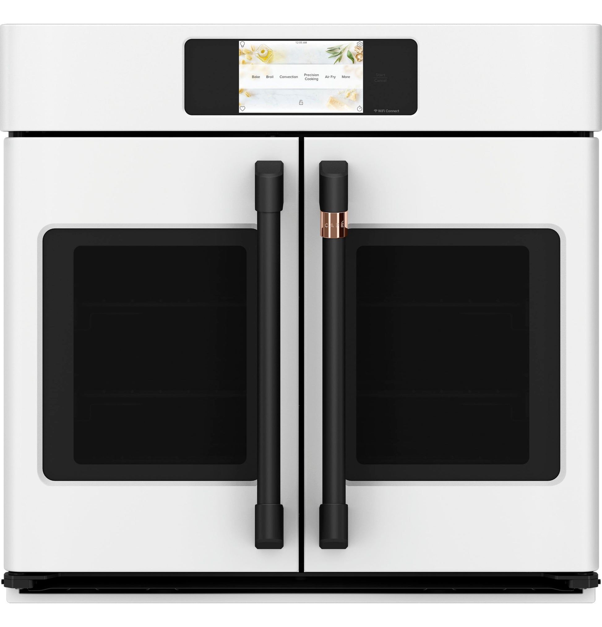 White smart built-in convection single wall oven with French doors, black handles, and a digital touchscreen control panel