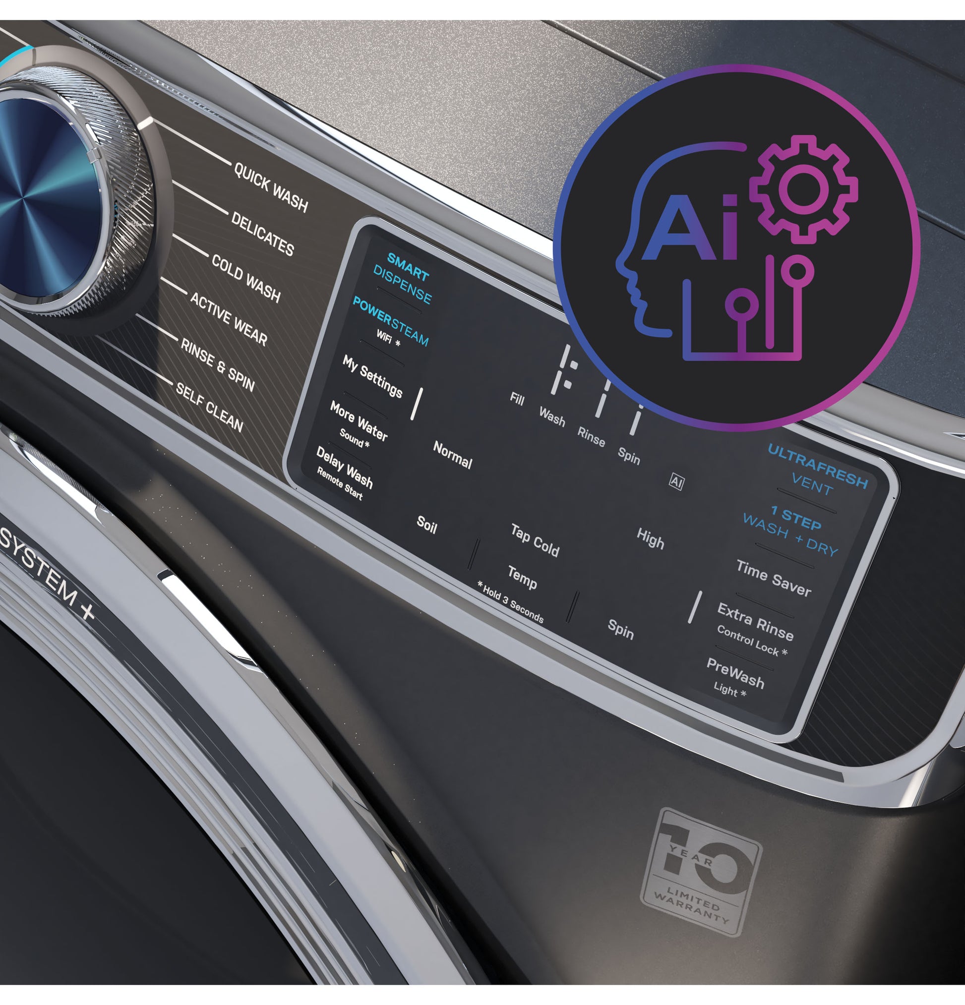 Control panel close-up of a smart front load washer with multiple wash settings and digital touchscreen controls from appliances.