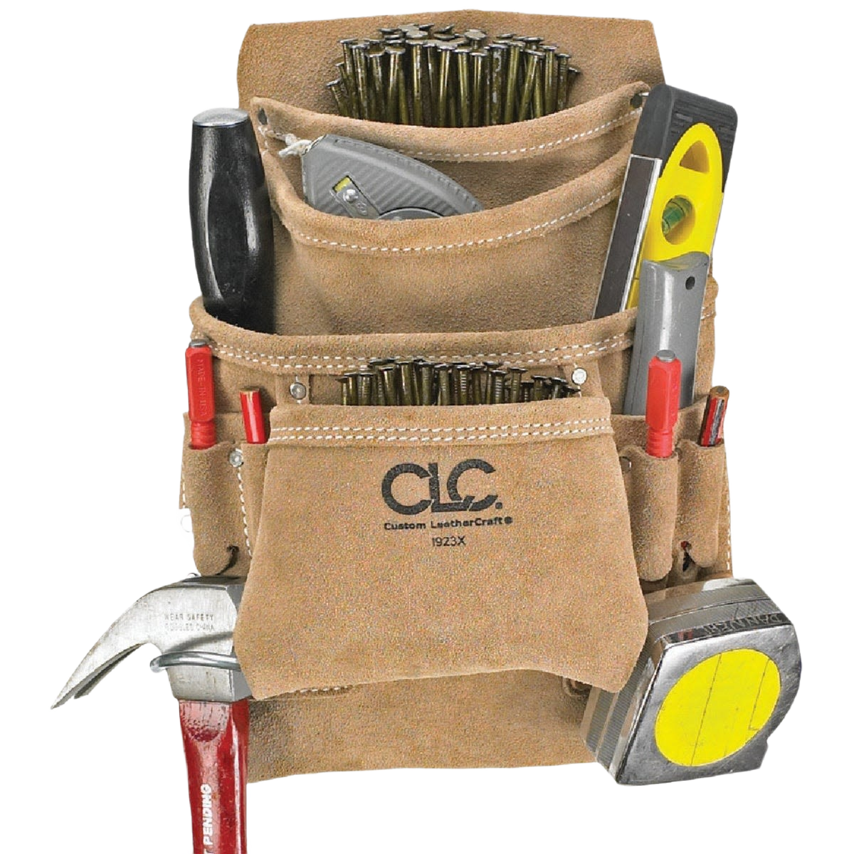 Tan suede carpenter’s nail and tool bag with multiple pockets holding nails, hammer, tape measure, and level for workshop storage.