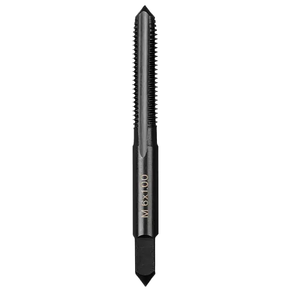 Black straight flute plug tap with laser-etched sizing for precise thread cutting in tool and power tool accessories collections