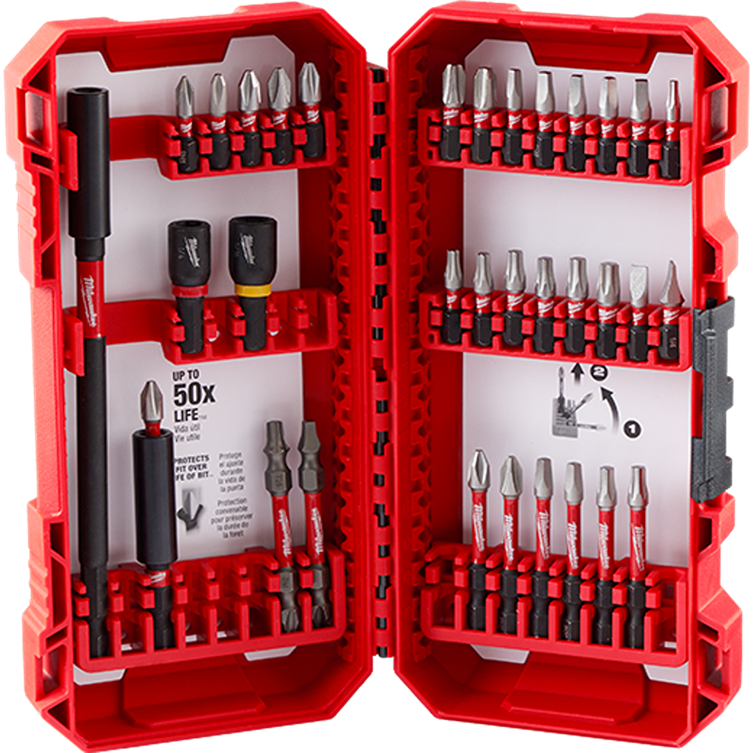 Compact red driver bit set case containing multiple impact-duty bits for tool accessories and home improvement projects