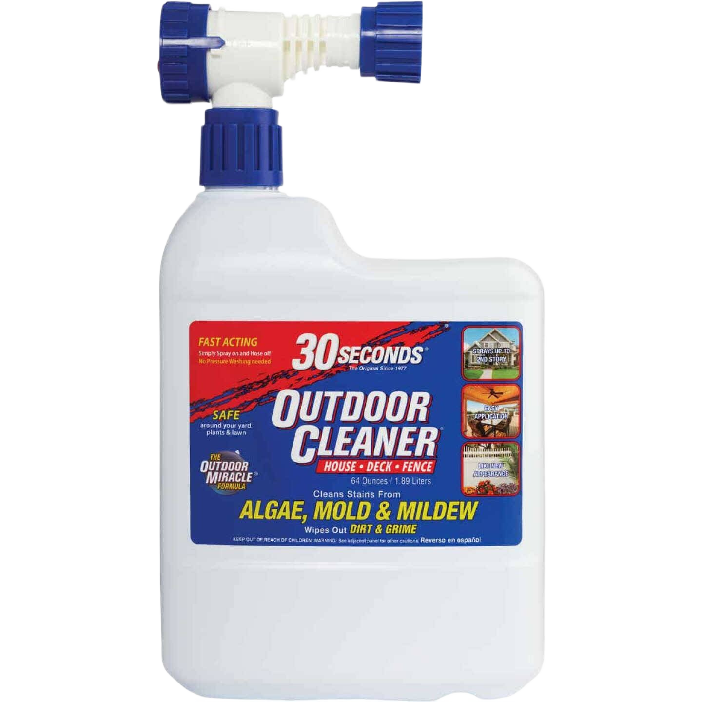 White spray bottle of outdoor mold and mildew stain cleaner with blue nozzle and detailed label under $50 collection