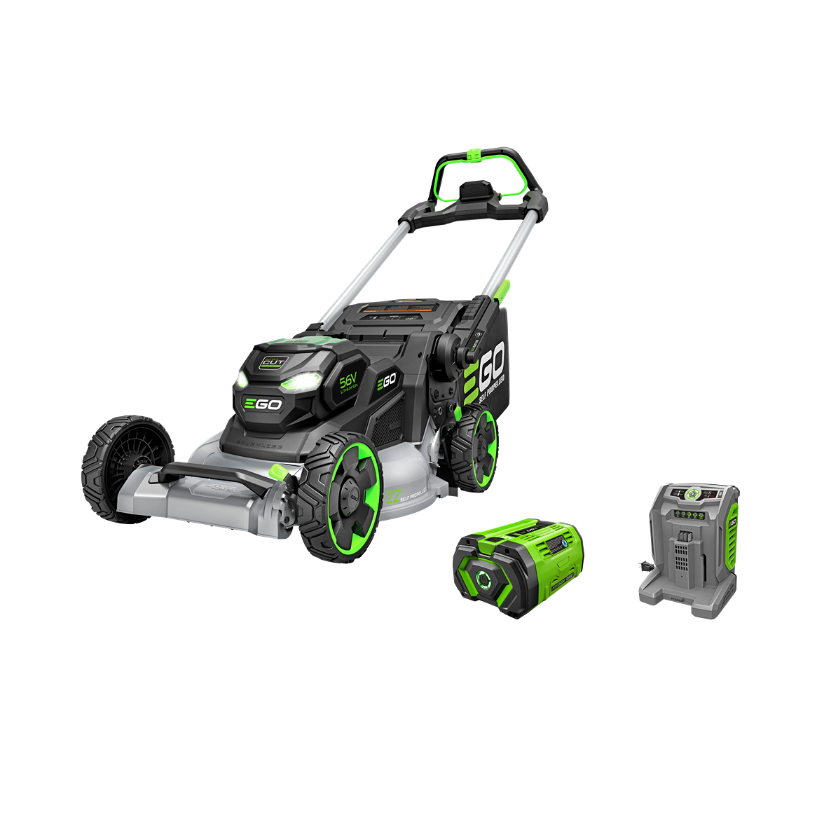 EGO self-propelled lawn mower with aluminum deck, battery, and charger for outdoor power equipment and lawn care tools