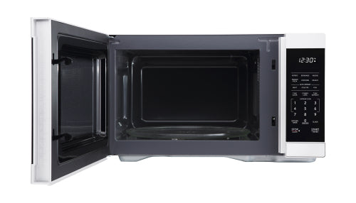 White Sharp countertop microwave oven with digital control panel and open door from Microwaves at Hartville Hardware