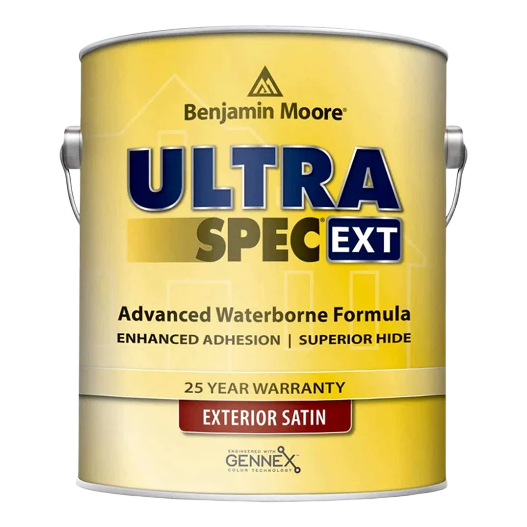 Benjamin Moore exterior satin paint can with advanced waterborne formula for home improvement projects
