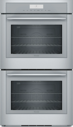 Stainless steel double wall oven with digital control panel and full access racks in Thermador appliances collection