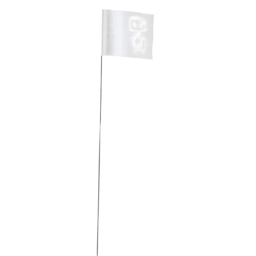 Single white plastic stake flag with rectangular flag atop a thin cylindrical post for marking or surveying use