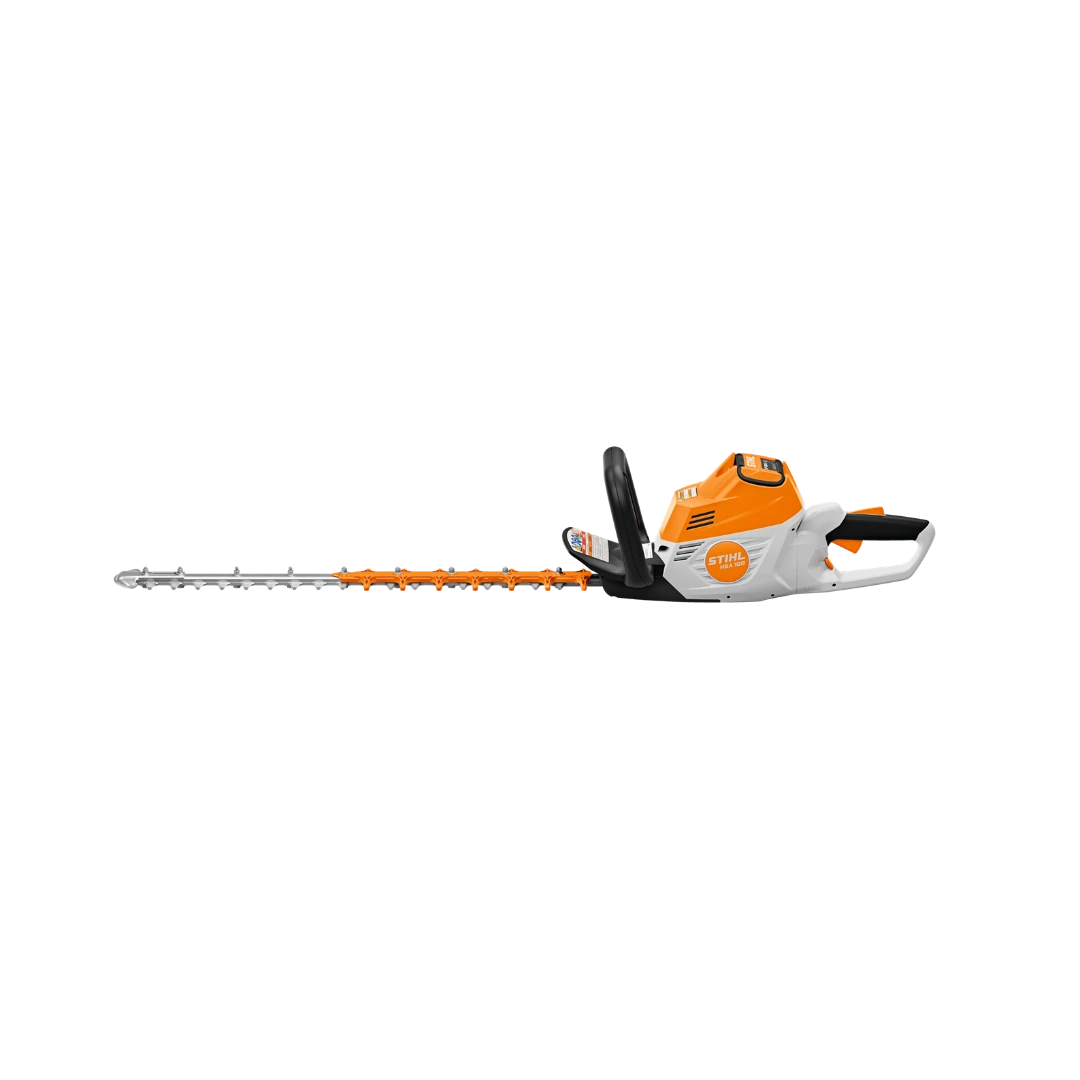 Orange and white battery-powered hedge trimmer with rotating handle for efficient tools and home improvement use