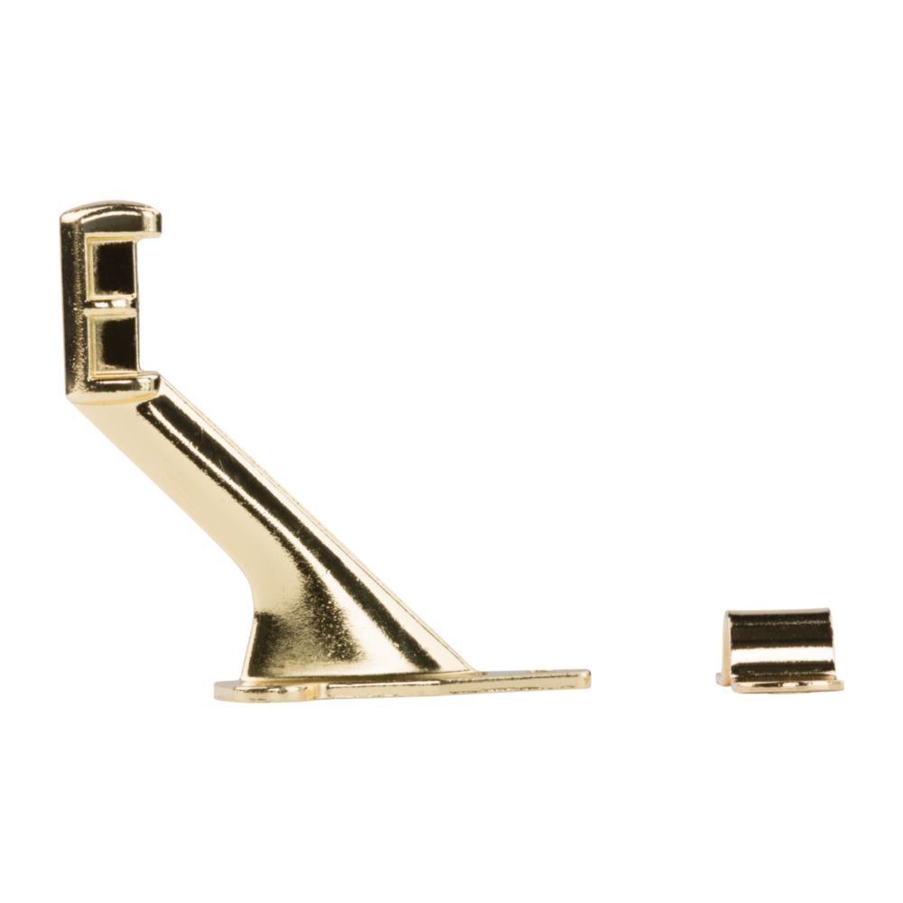 Bright brass zinc die-cast handrail bracket with cold-rolled steel support and mounting fasteners for shelving and home projects