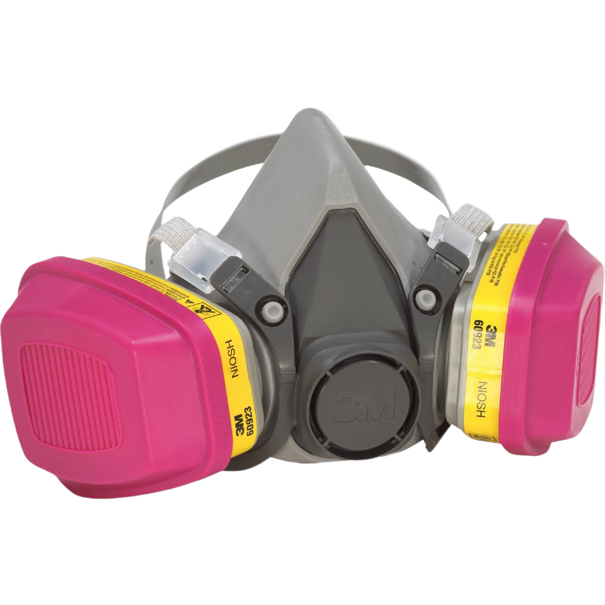 Gray respirator mask with pink filters for safety, PPE, and respiratory protection in hardware and dust mask collections