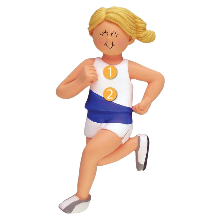 Blonde female runner ornament with white and blue outfit for Christmas Ornaments & Tree Decorations collection under $50