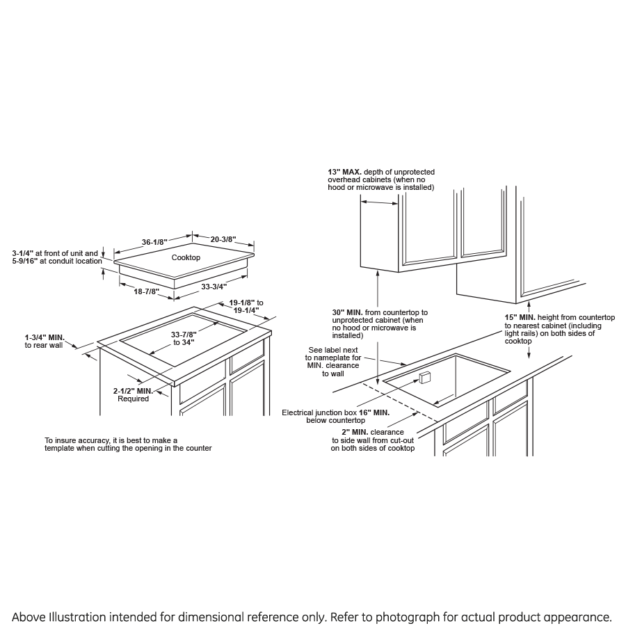 Technical diagram showing installation dimensions and clearances for a built-in electric cooktop in kitchen appliances category