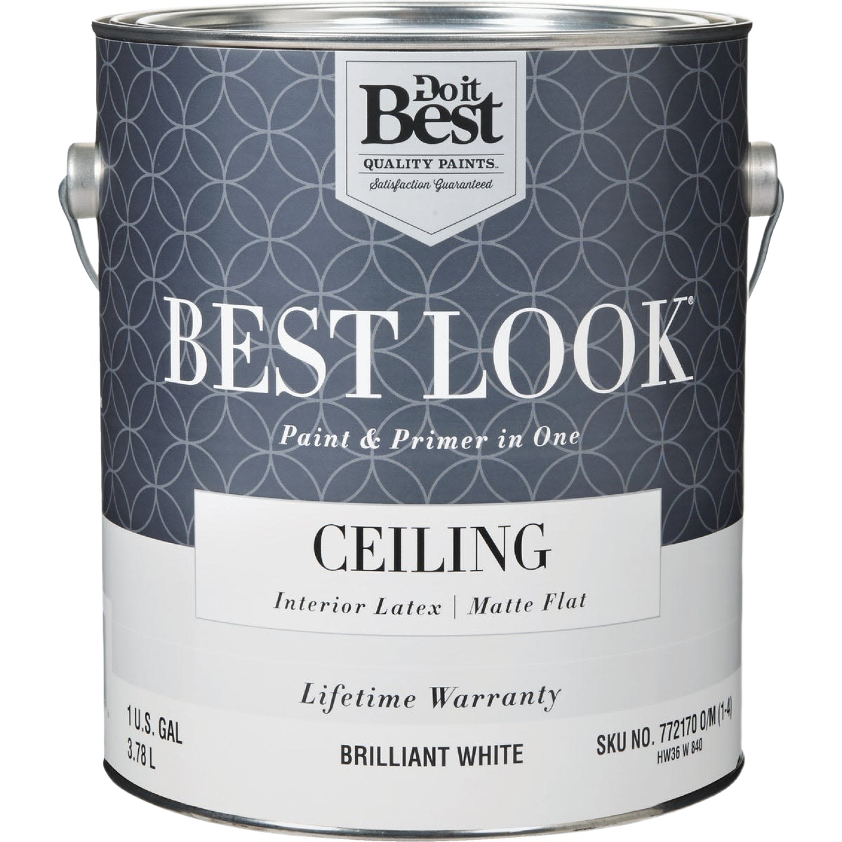 One gallon of brilliant white latex matte flat ceiling paint and primer for interior use in home improvement projects