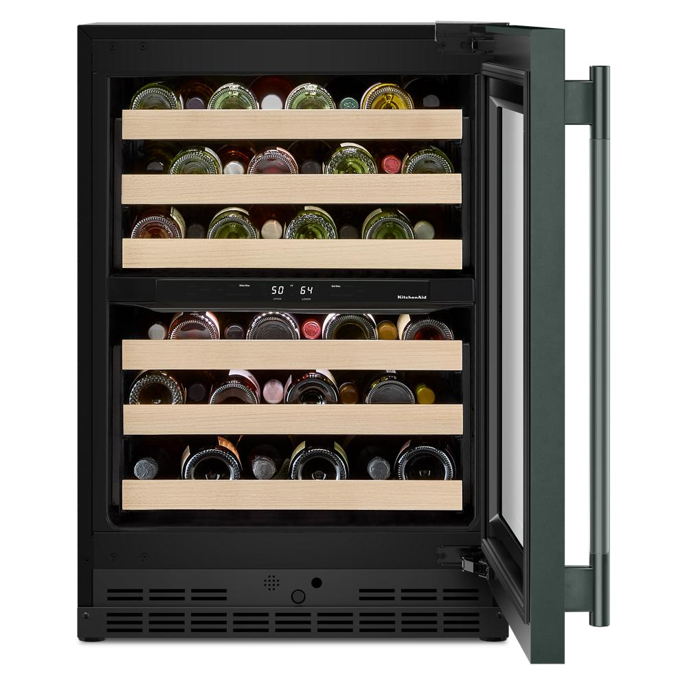 Open black undercounter wine cooler with wood-front racks storing bottles, featuring digital controls and stainless steel handle