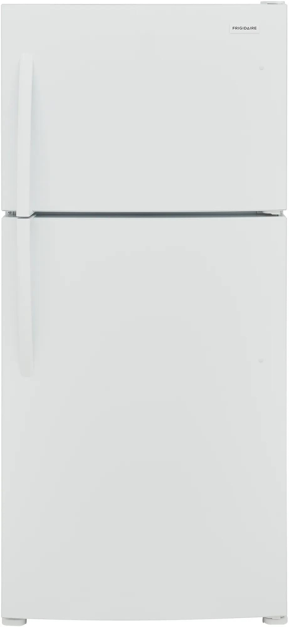 White top freezer refrigerator with curved handles, designed for garage and kitchen appliance use in home improvement collections
