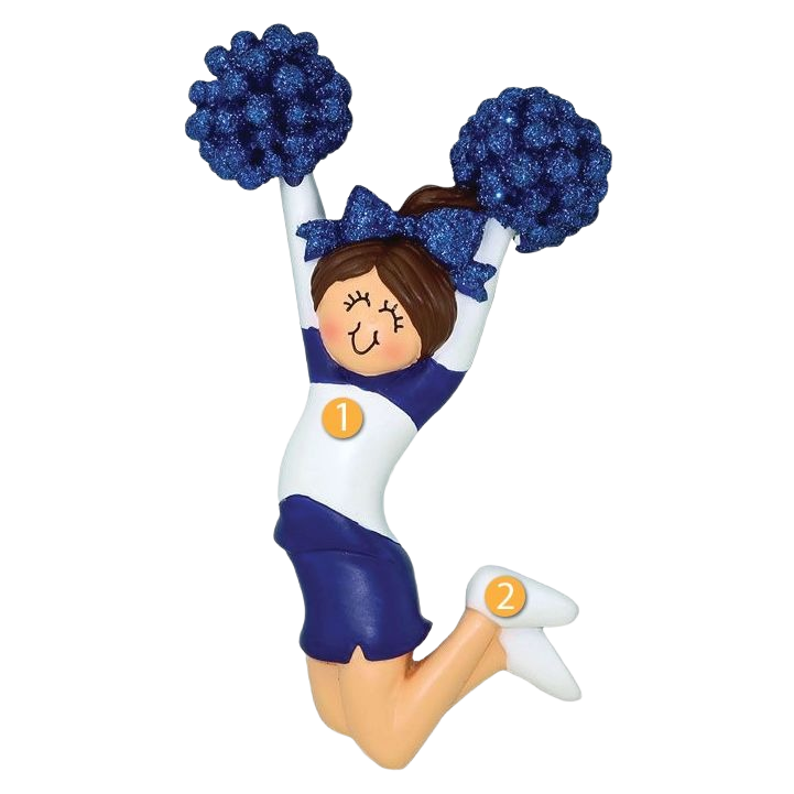 Cheerful brunette cheerleader ornament in blue uniform with glittery pom-poms, Christmas decoration under 50 dollars