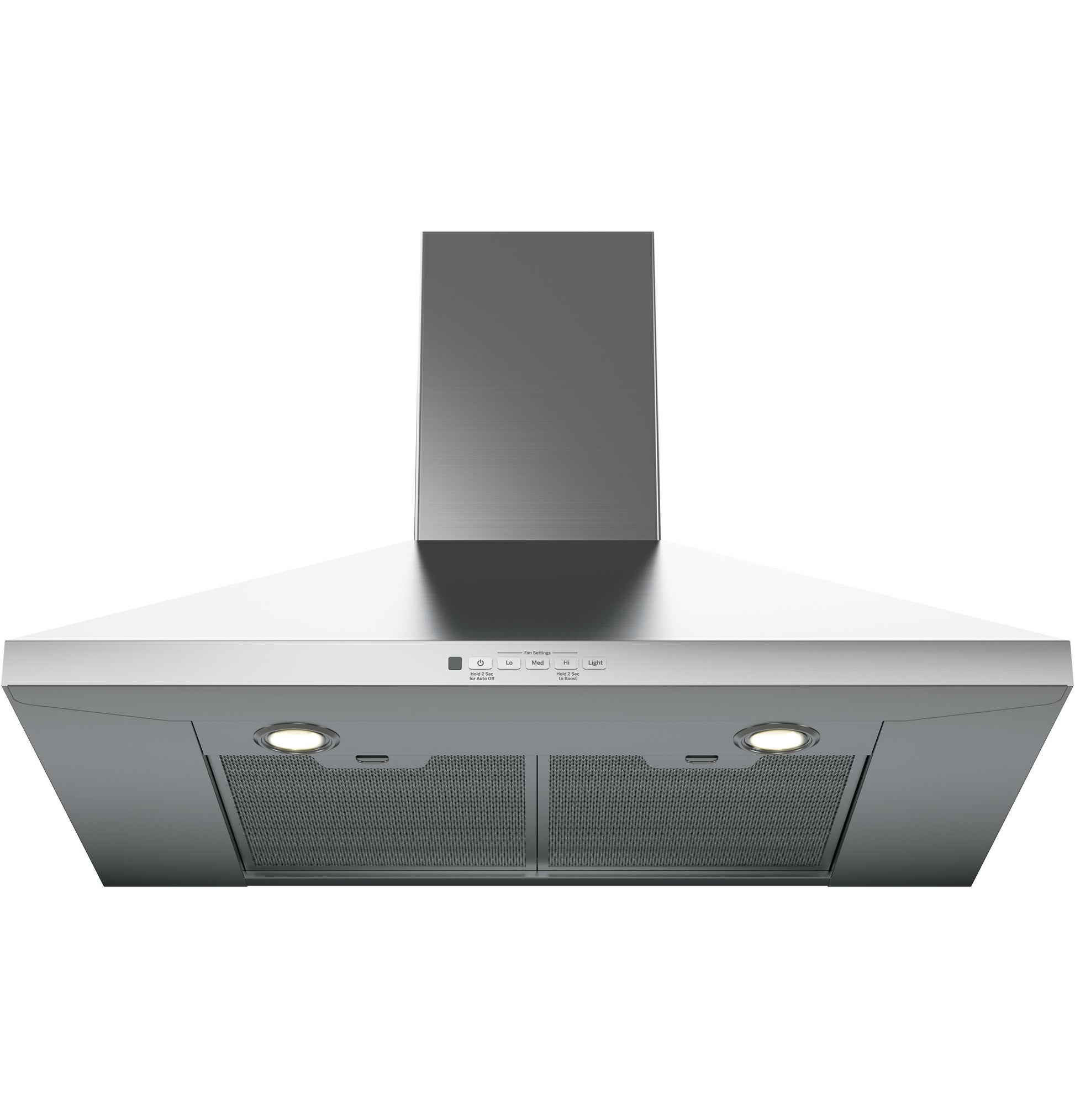 Stainless steel wall-mounted pyramid chimney hood with dual lights and vent filters in kitchen appliances collection