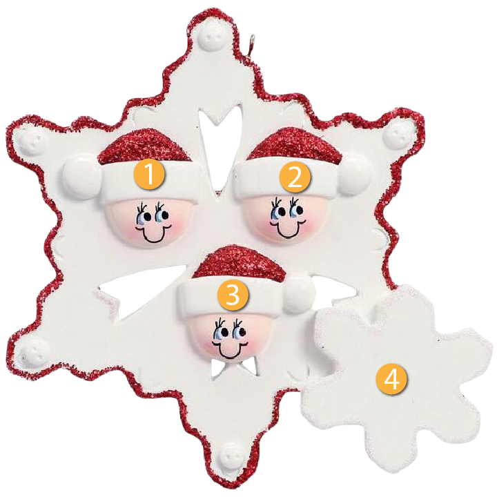 White snowflake ornament with three smiling faces wearing red glitter Santa hats, holiday décor under $50