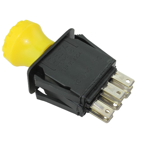 Yellow knob switch with black housing and metal prongs for tools and home improvement applications