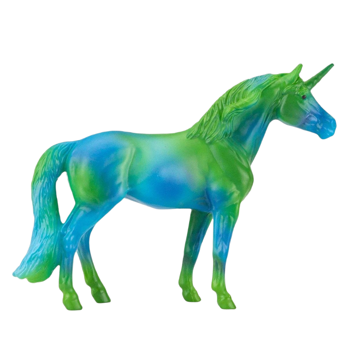 Blue and green gradient unicorn figurine with detailed mane and tail from a collectible swirl set