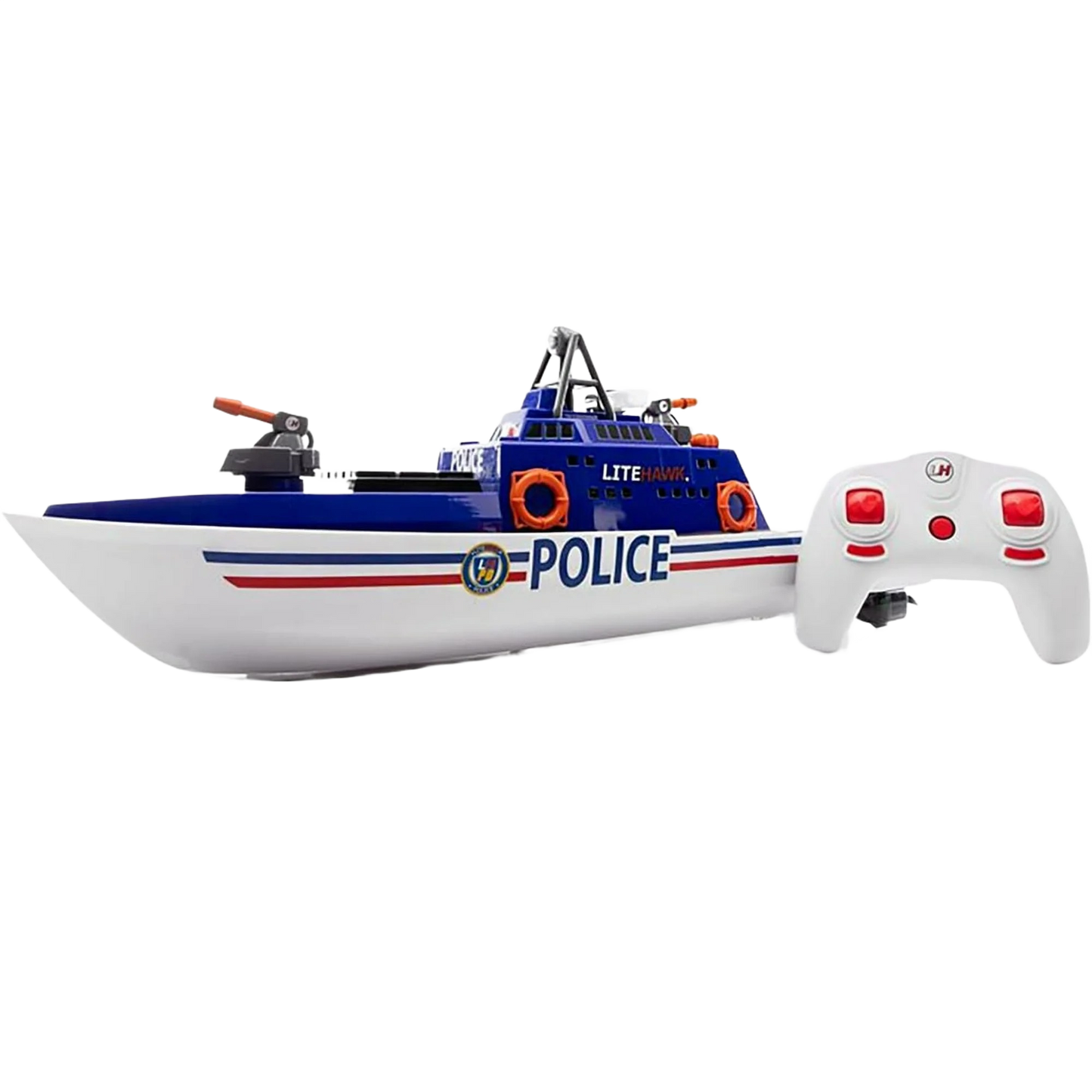 Remote-controlled police boat in blue and white with handheld controller in Toys & Games collection