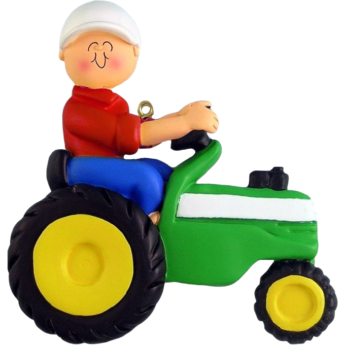 Playful male figure riding green tractor ornament for Christmas tree decorations under $50