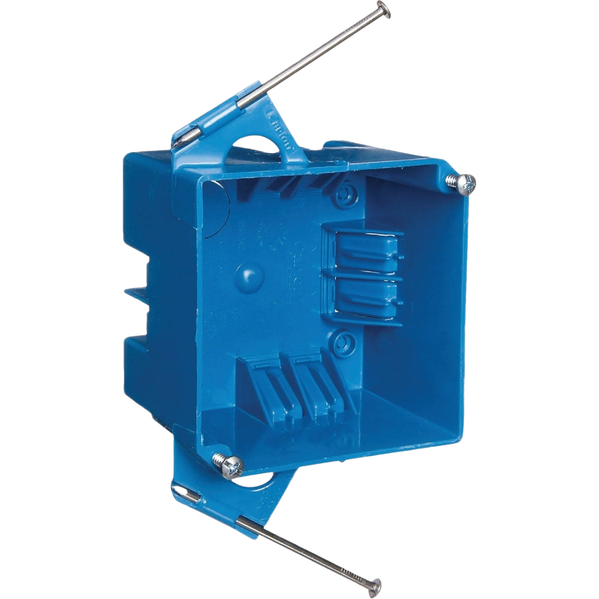 Blue 4-inch electrical junction box with integral clamps and captive nails for secure installation in electrical collections under $50