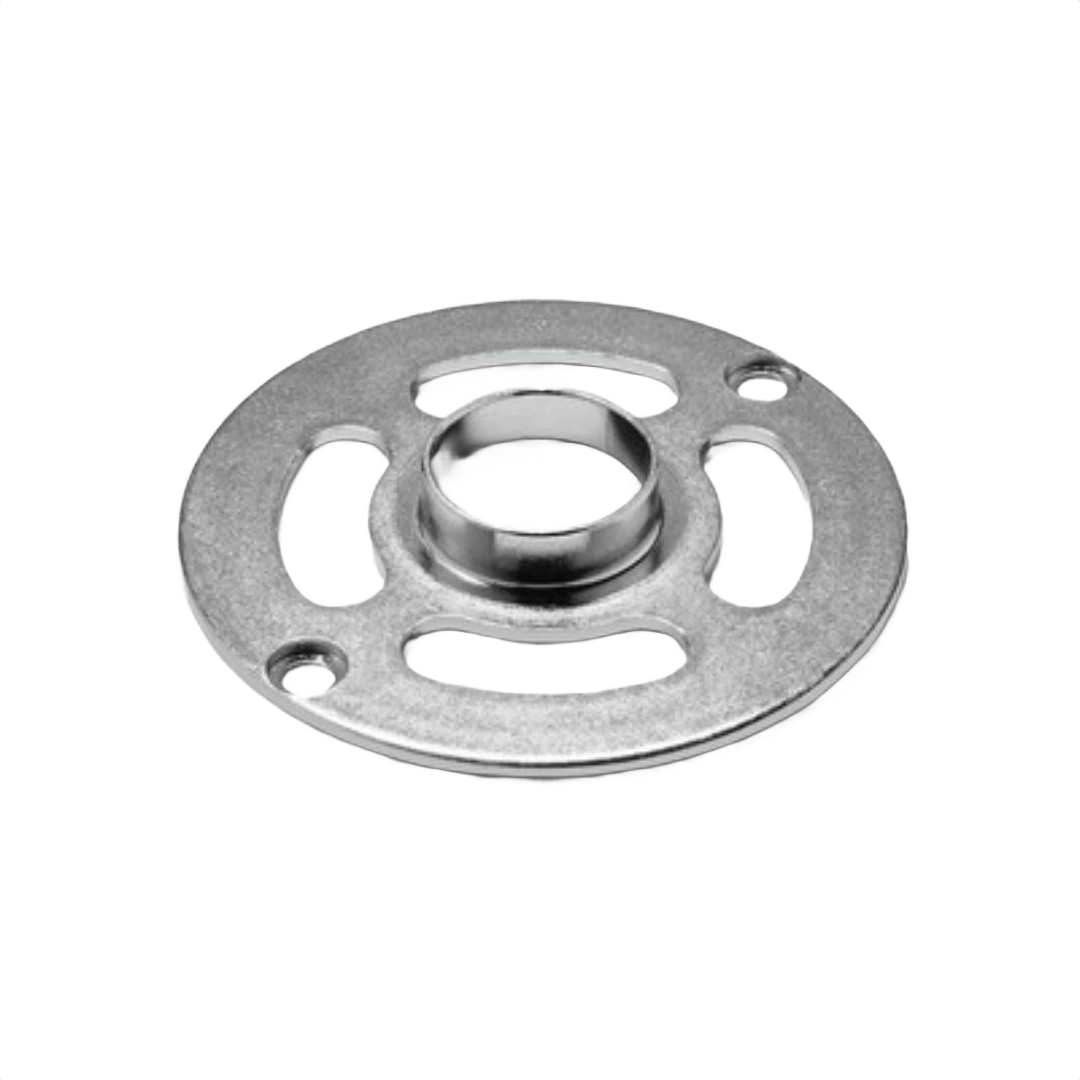 Metal router guide bushing with circular mounting plate for woodworking tool accessories and power tool projects